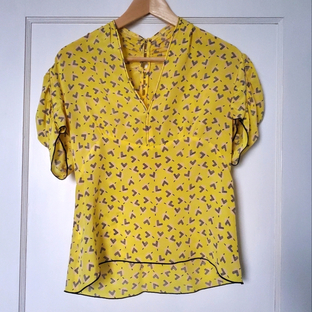 Anna Sui yellow geo print silk tailored blouse